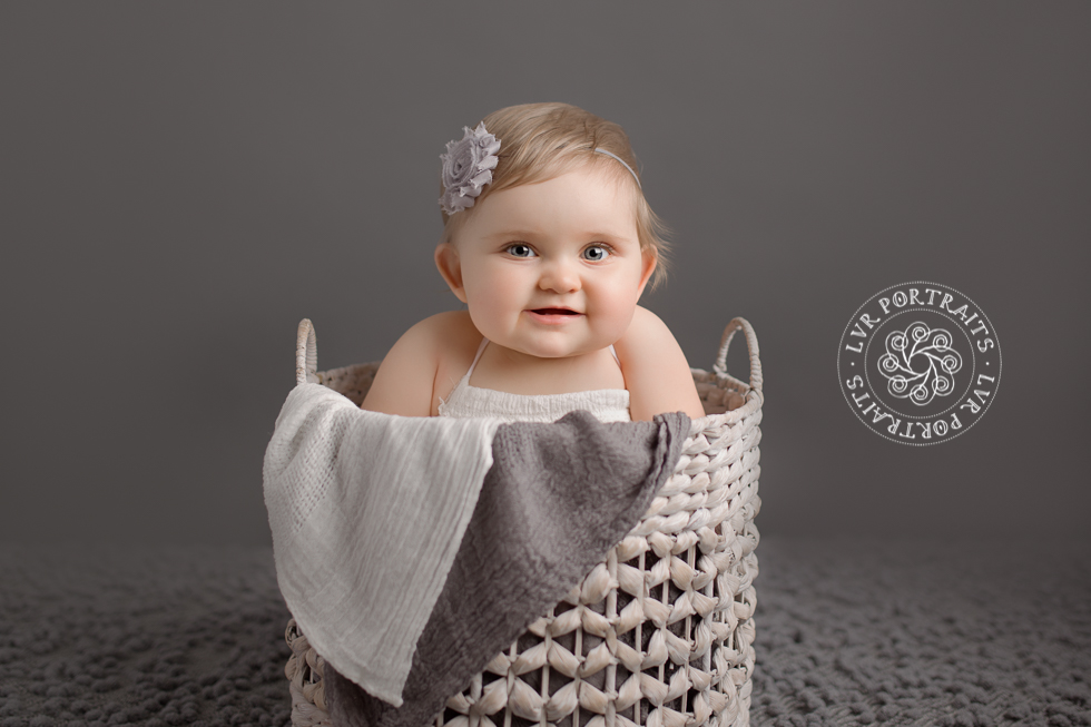 Lancaster baby photographer, one year, girl in basket