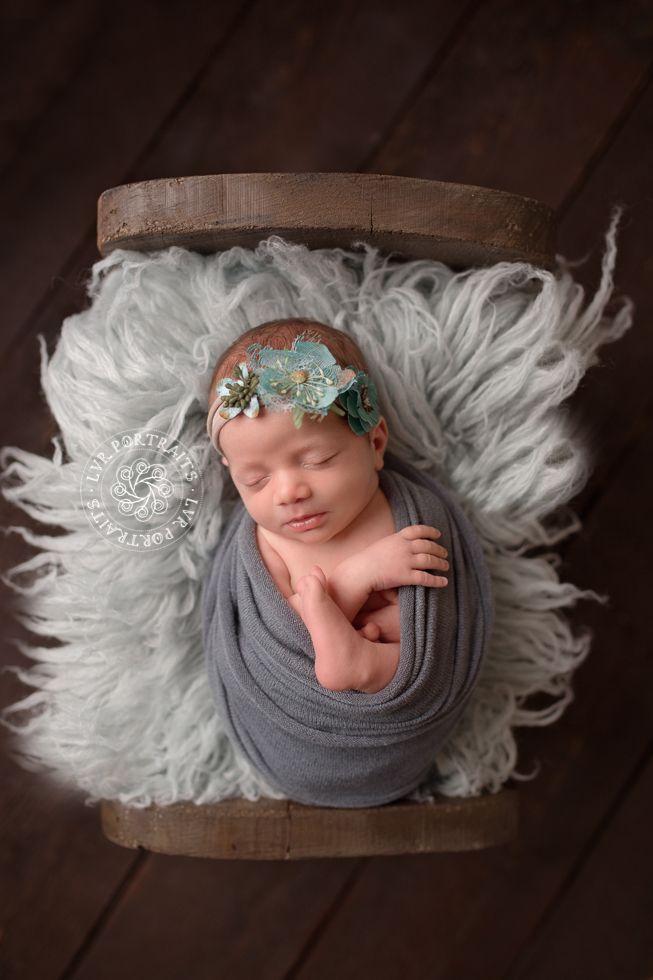 newborn girl in wood bed, fine-art newborn photography