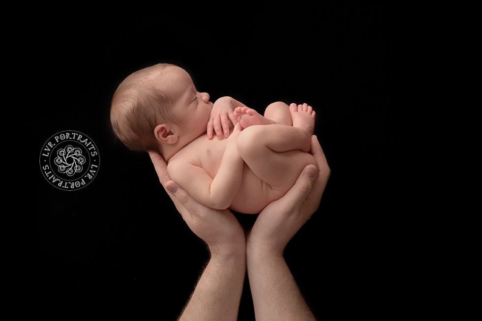newborn girl in dad's hands, custom newborn photography