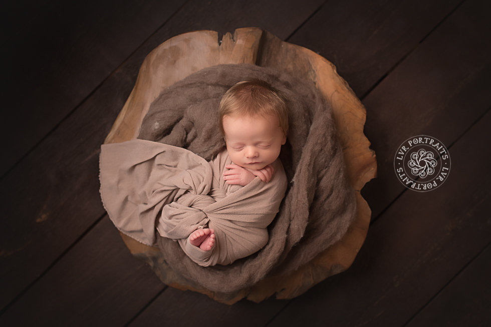 Newborn photography, Lancaster PA, baby boy in wood bowl