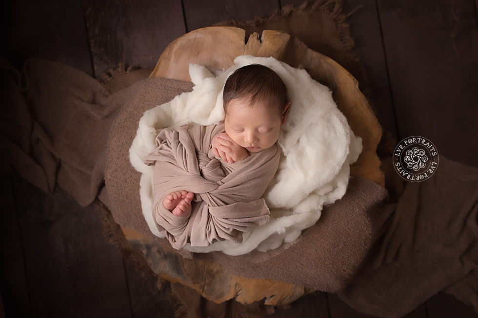 Lancaster-PA-Newborn-Photographer, LVR Portraits, baby boy in wood bowl