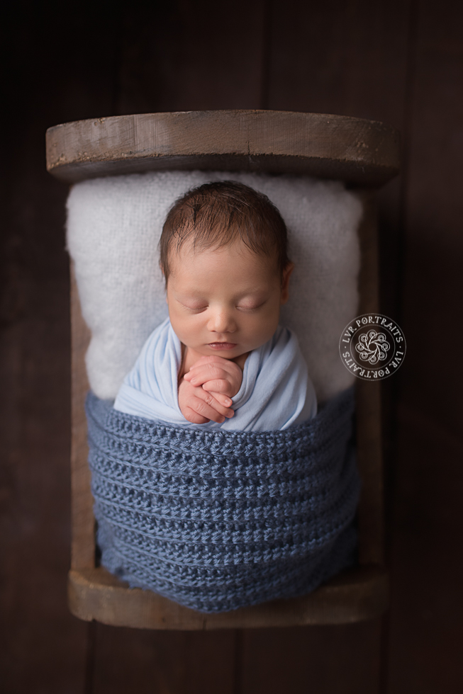 Lancaster-PA-Newborn-Photographer, LVR Portraits, baby boy in wood bed, 