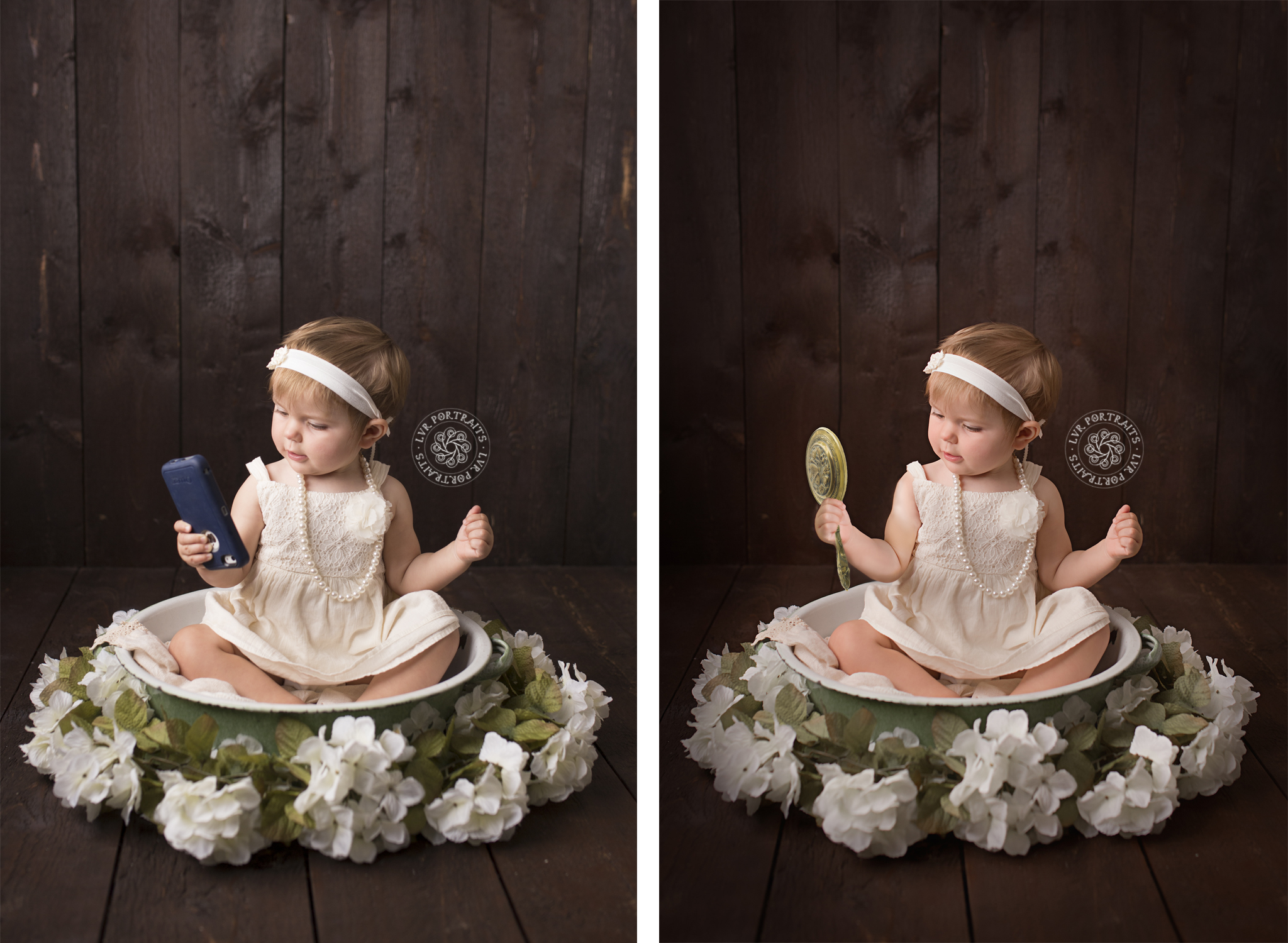 One-year cake smash, baby girl with mirror