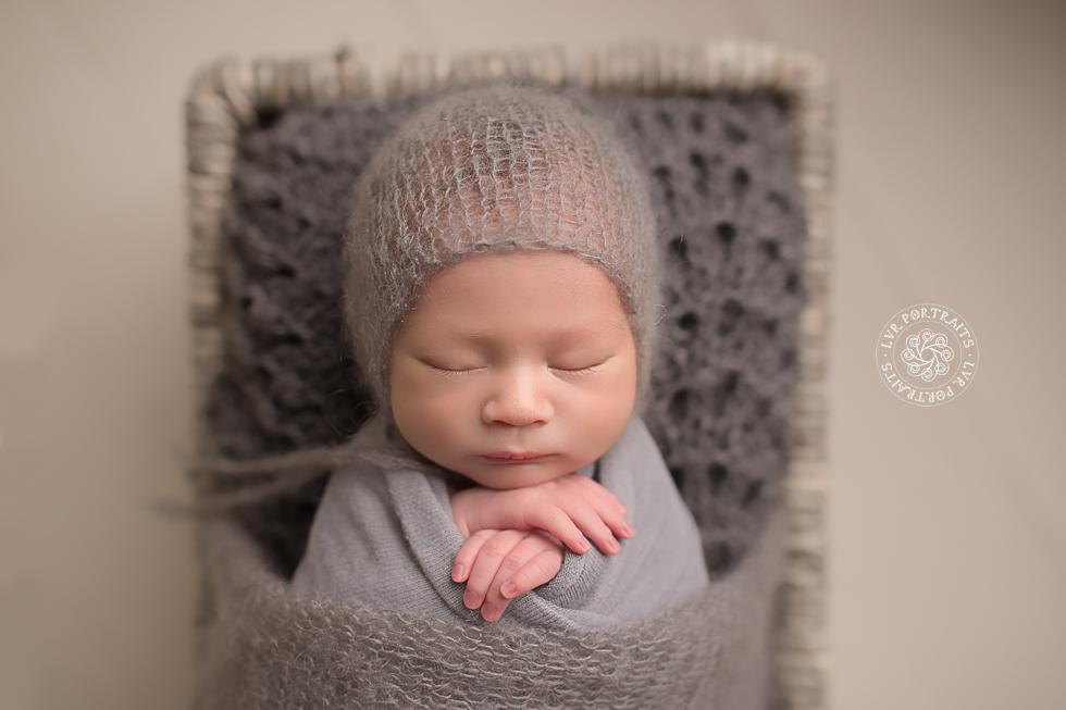 infant photographer, newborn boy, gray wrap and bonnet