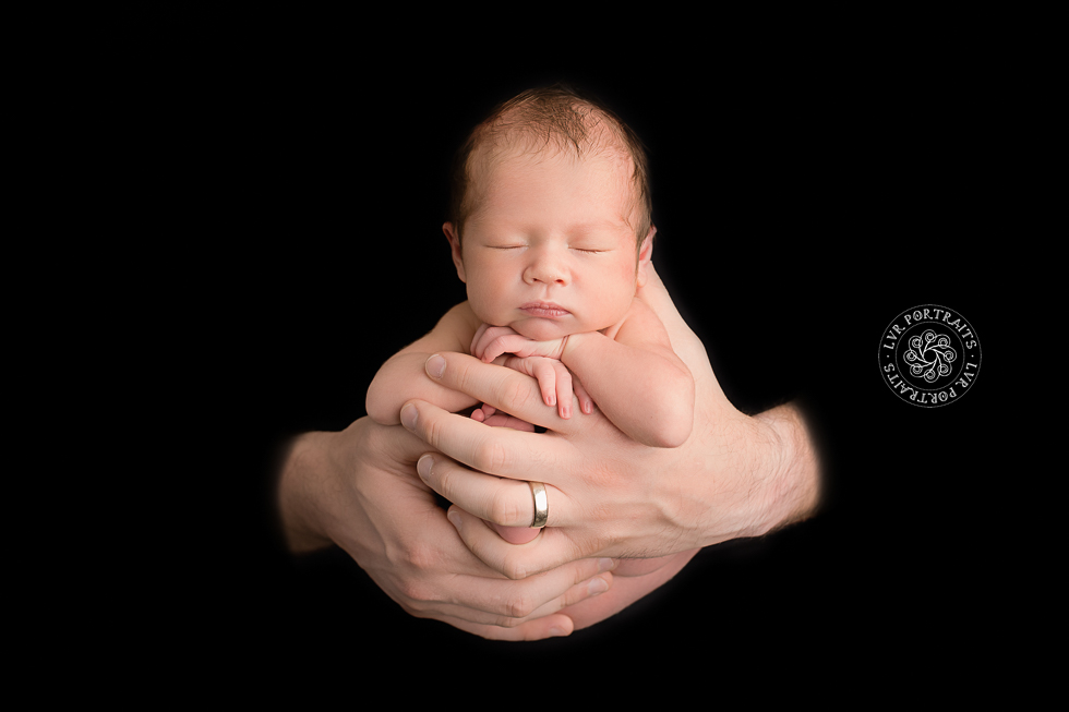 infant photographer, newborn boy, daddy's hands, black backdrop