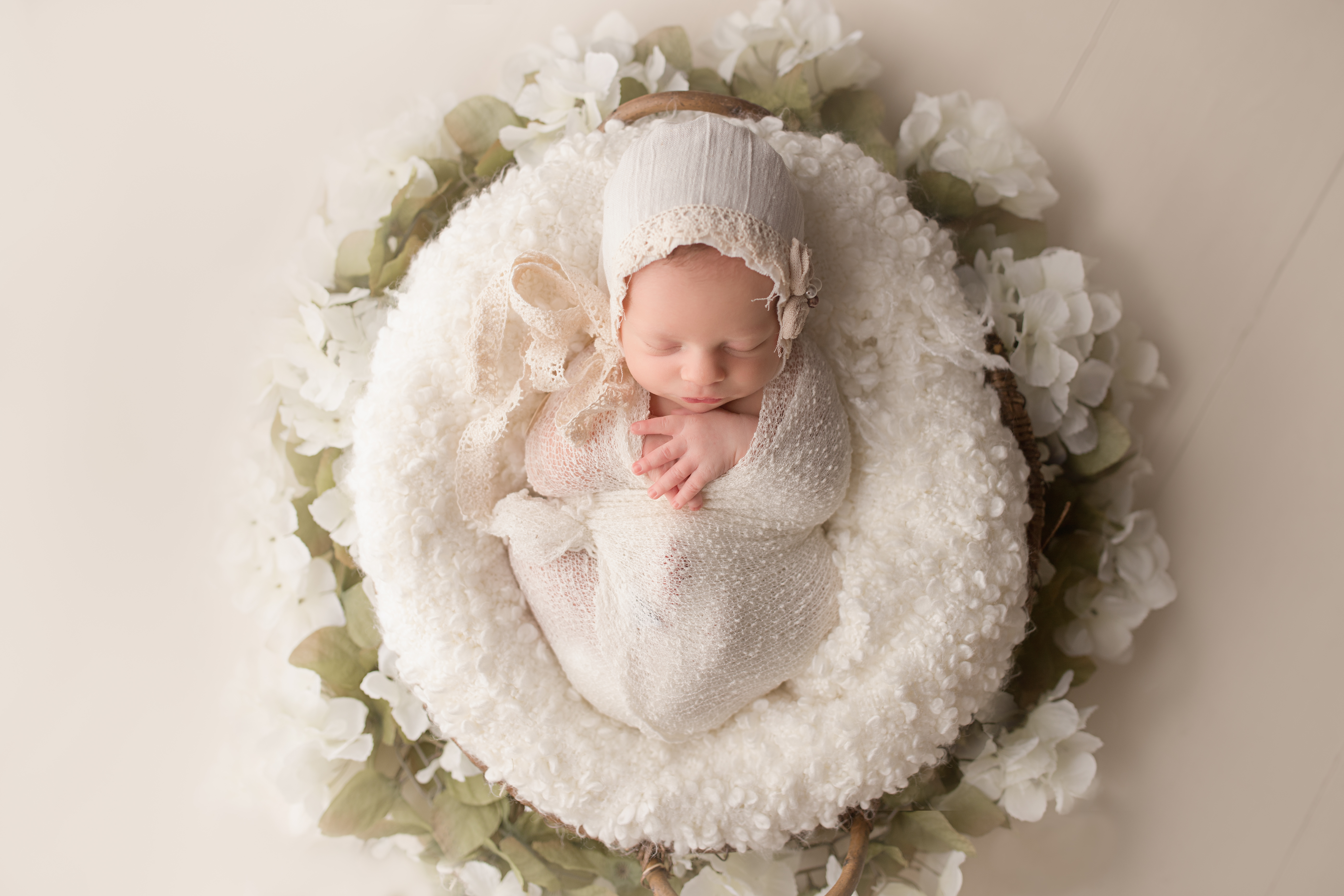 Lancaster-newborn-photography-studio, newborn girl, neutrals, flower garland, 