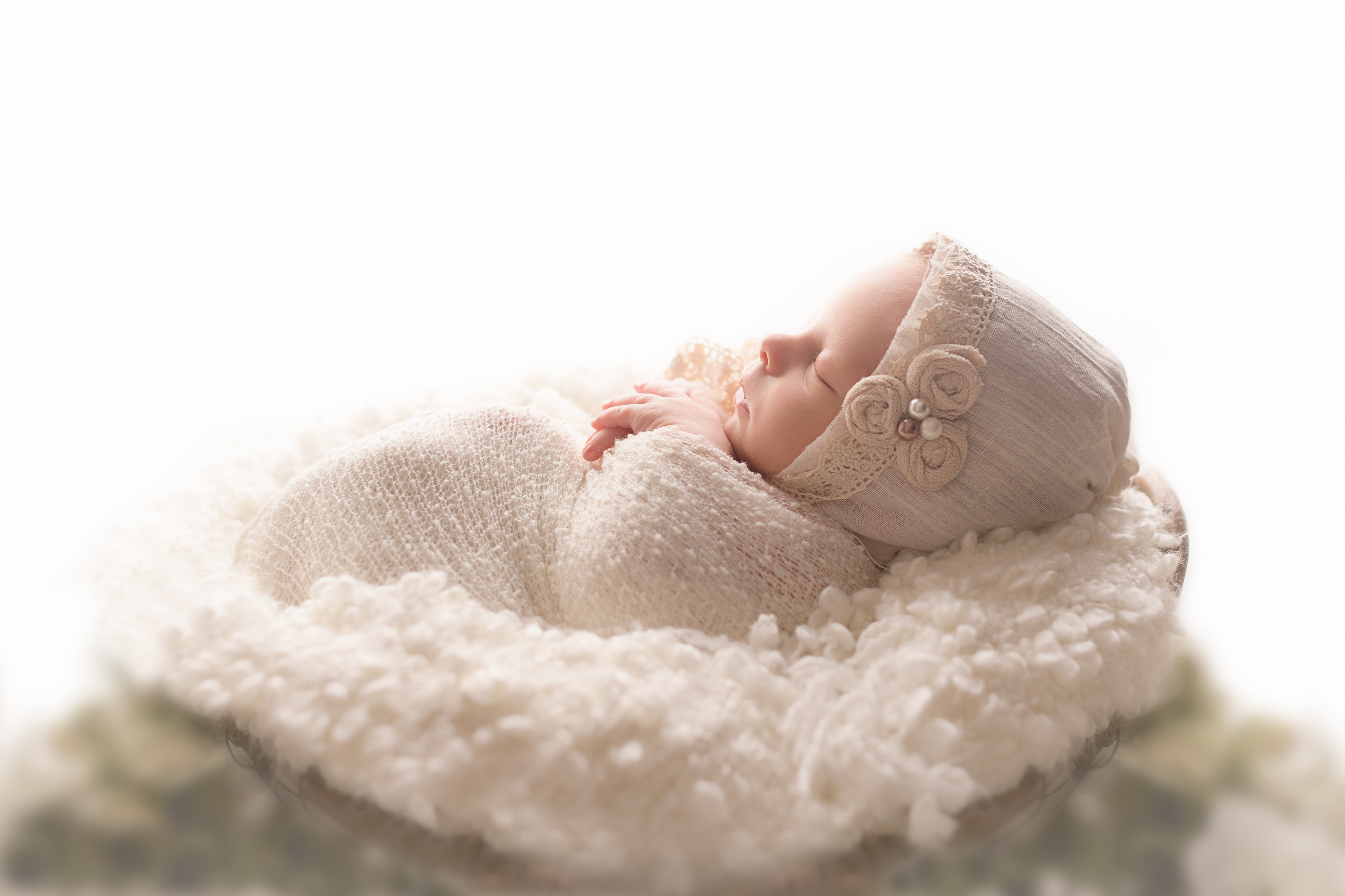 Lancaster-newborn-photography-studio, newborn girl, backlit, nest, neutral colors